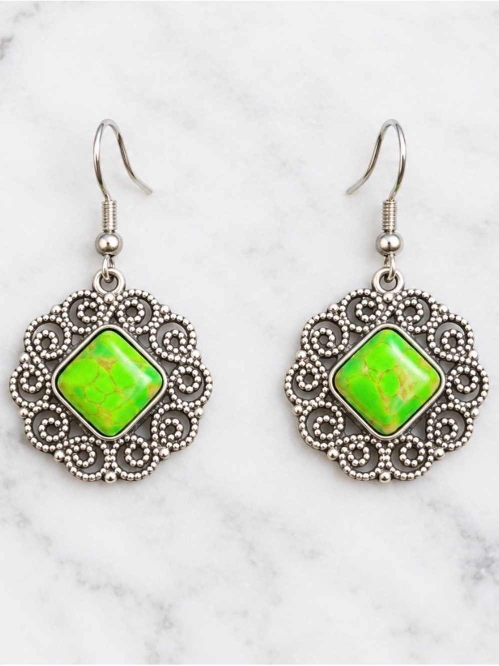 Filigree Green Center Stone Drop Earrings - Silver Tone Hardware